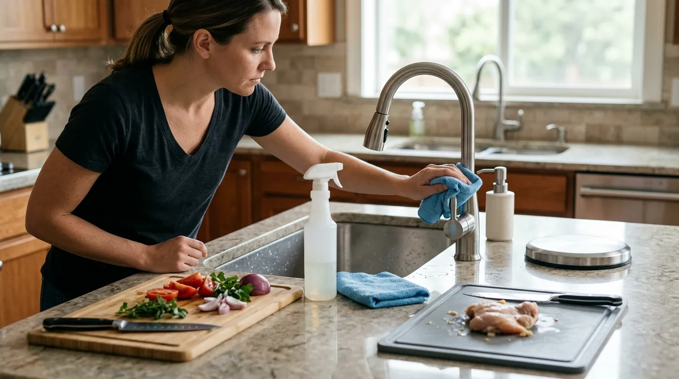 Kitchen counter and faucet being sanitized after raw meat preparation with separate cutting boards for meat and produce