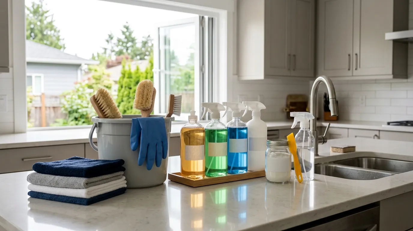 Kitchen cleaning supplies organized safely with microfiber cloths, brushes, gloves, and labeled cleaning bottles