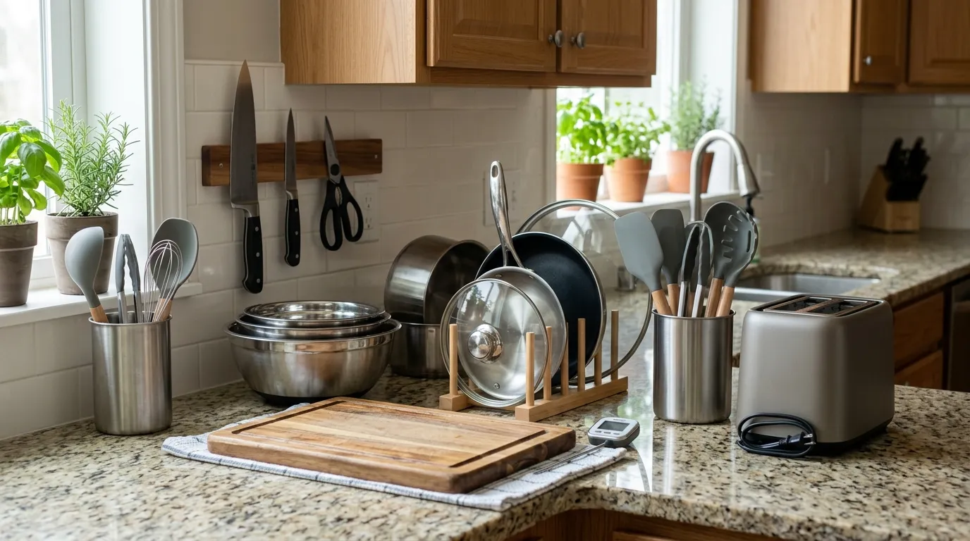 Kitchen knives, cookware, and small appliances safely cleaned and organized in a beginner kitchen