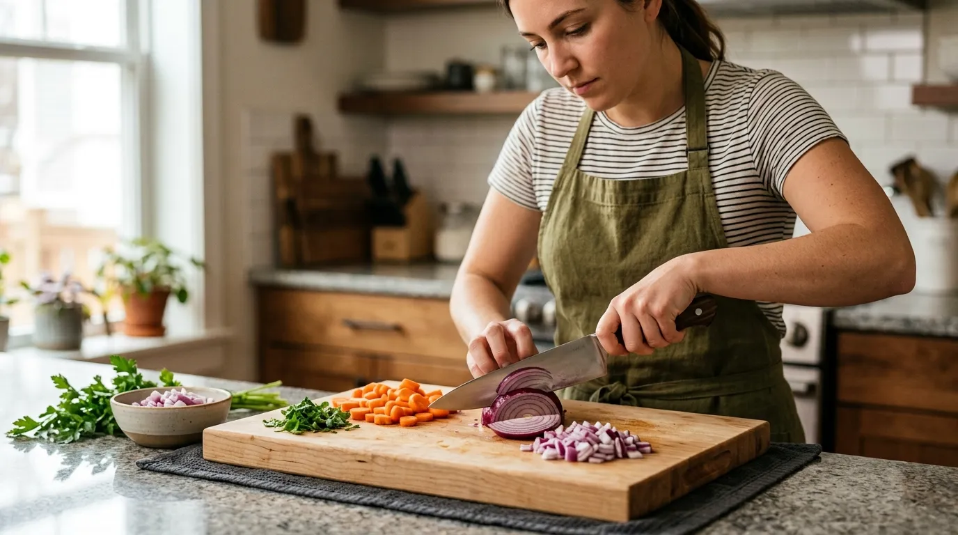 Cook using a claw grip with a stable cutting board and safely positioned chef’s knife in a clean kitchen