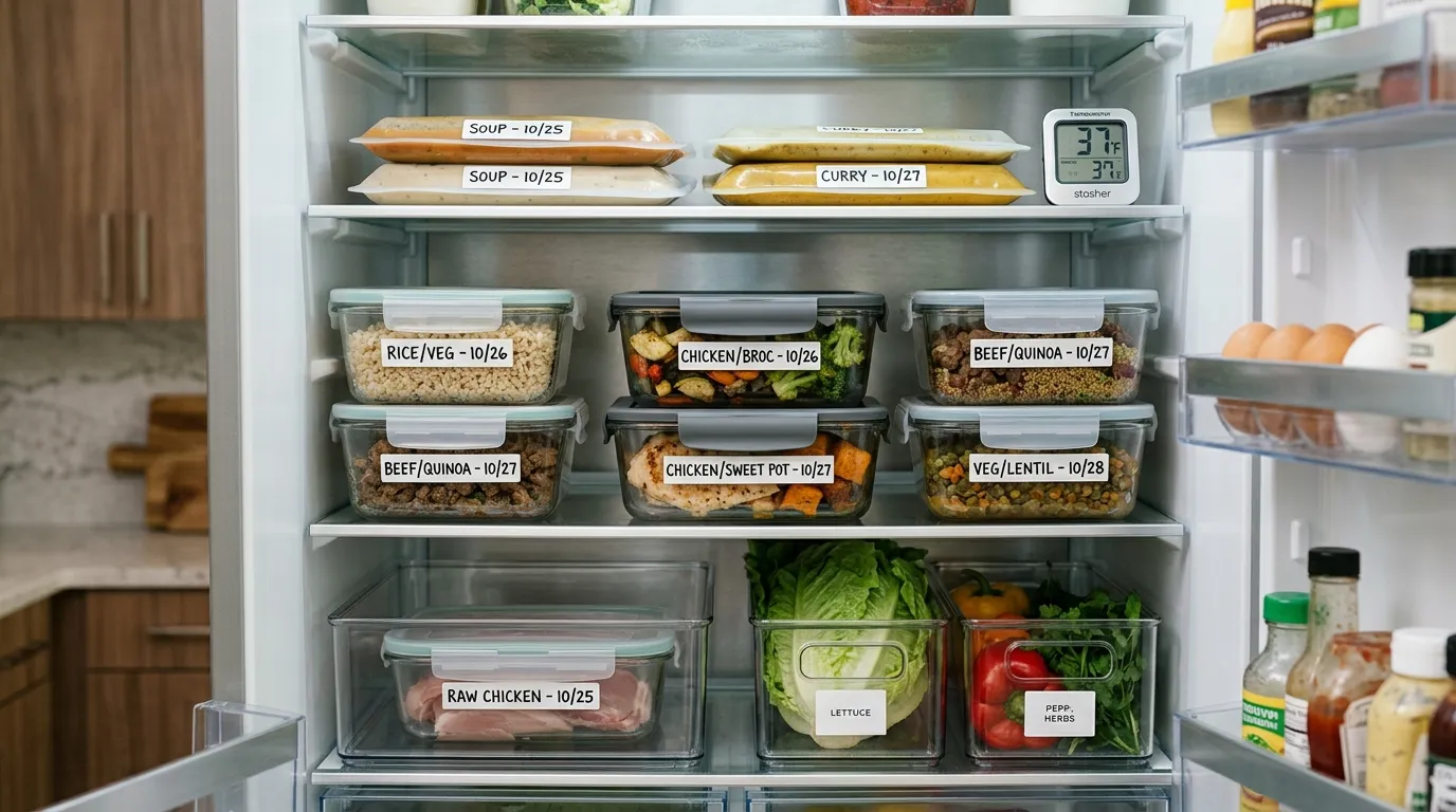 Shallow meal prep containers labeled and dated beside refrigerated ingredients for safe weekly meal preparation
