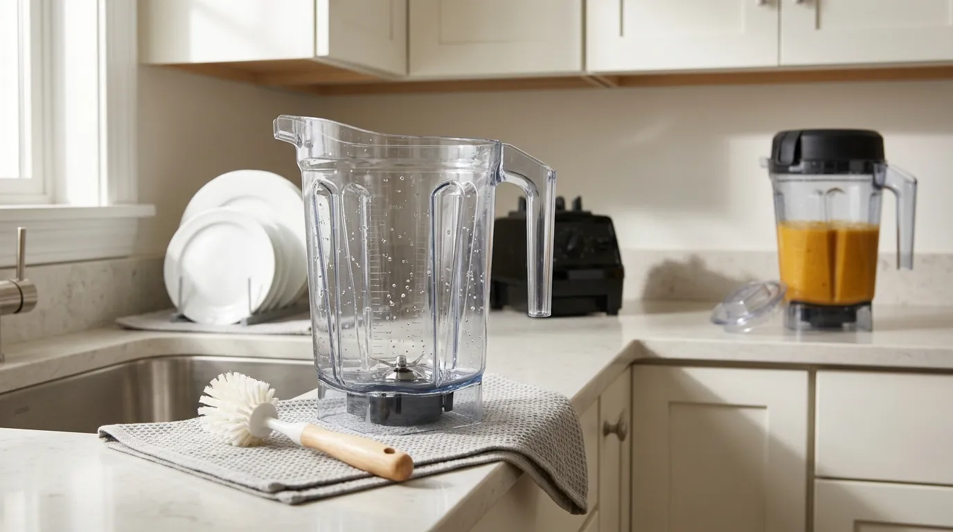 64-ounce blender jar being cleaned beside a kitchen cabinet with safe storage and hot-blend precautions