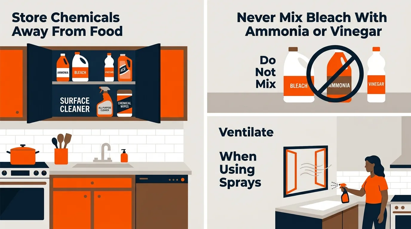 Kitchen cleaning products stored separately from food with ventilation and clear countertop space