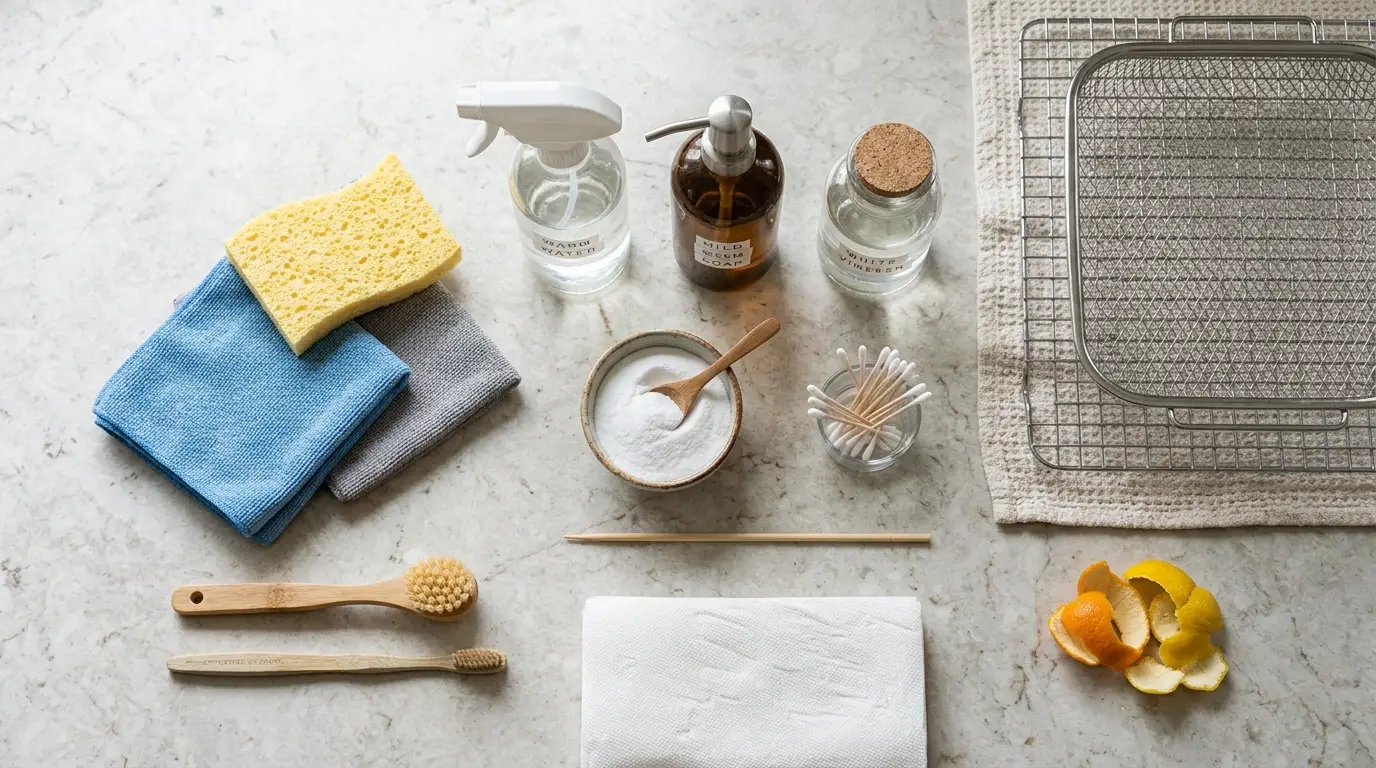 A soft sponge, microfiber cloth, nylon brush, mild dish soap, baking soda, vinegar, cotton swabs, and drying rack arranged for air fryer cleaning.