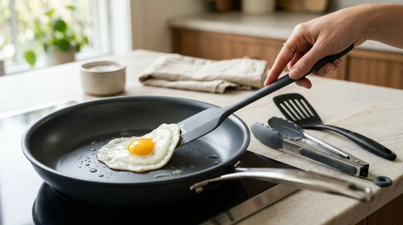Silicone and nylon utensils used gently on a nonstick pan to protect the cooking surface
