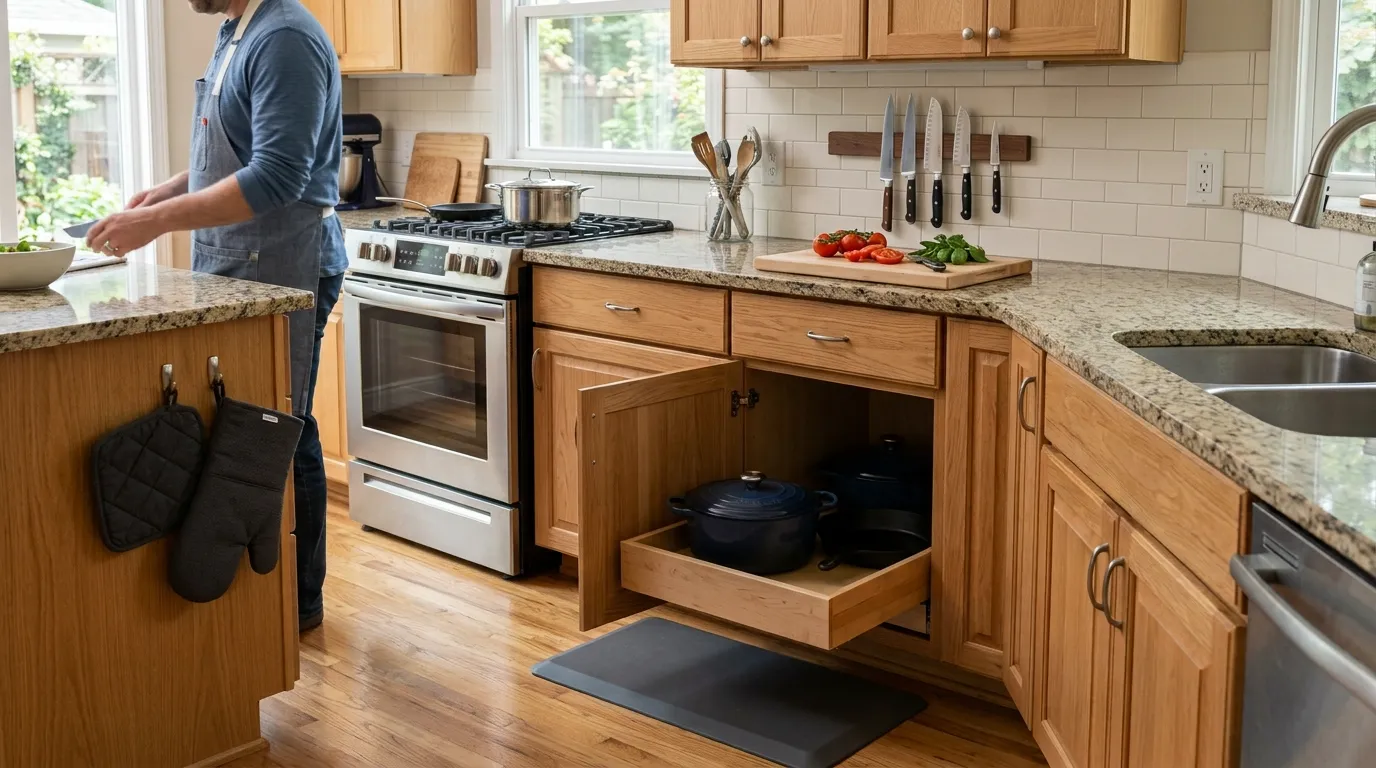Ergonomically organized kitchen with heavy cookware stored at accessible height, knives safely stored, and oven mitts near the oven