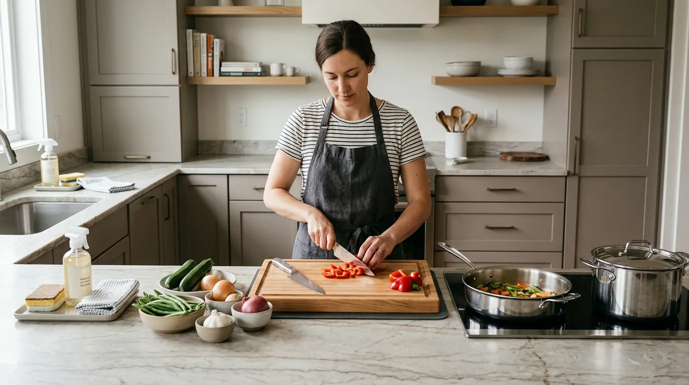 Safe kitchen workstation with stable cutting board, organized hot zone, clear paths, and ergonomic tool placement