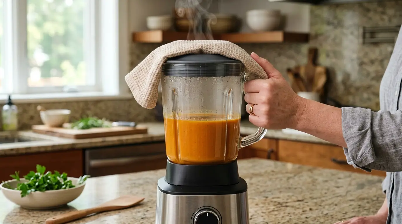 A blender pitcher filled halfway with warm soup, its vented lid covered loosely with a kitchen towel before blending on low speed.