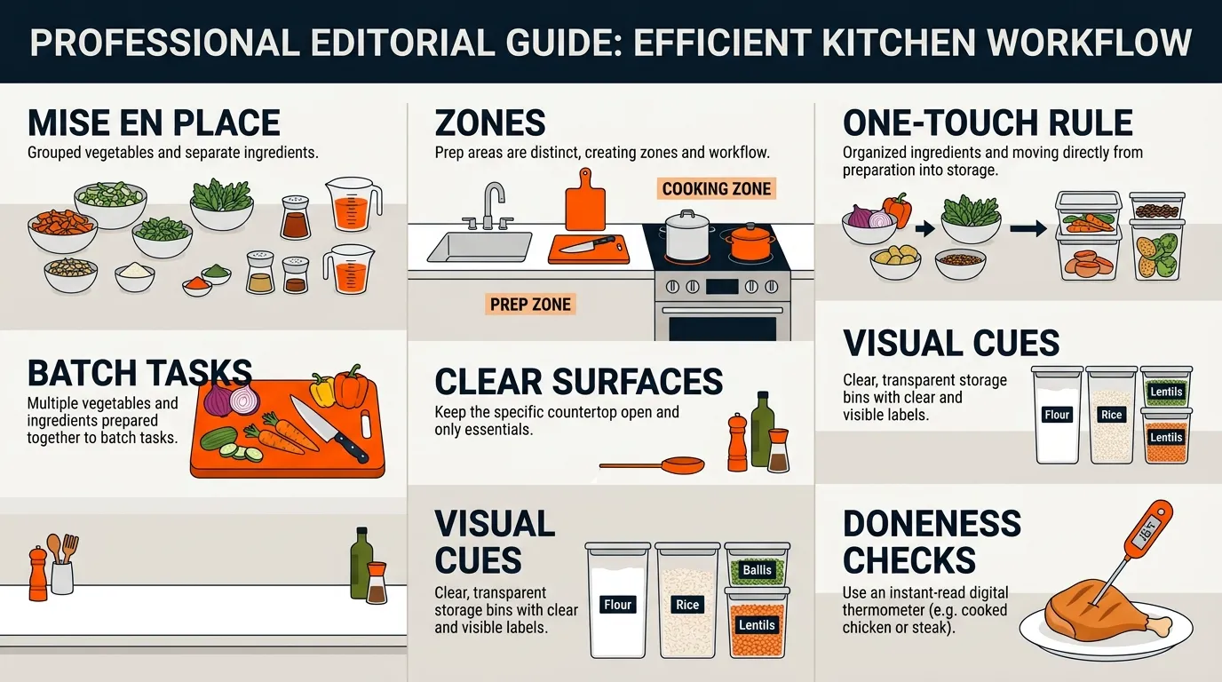 Kitchen workflow infographic showing mise en place, zones, batch tasks, clear surfaces, visual cues, and doneness checks
