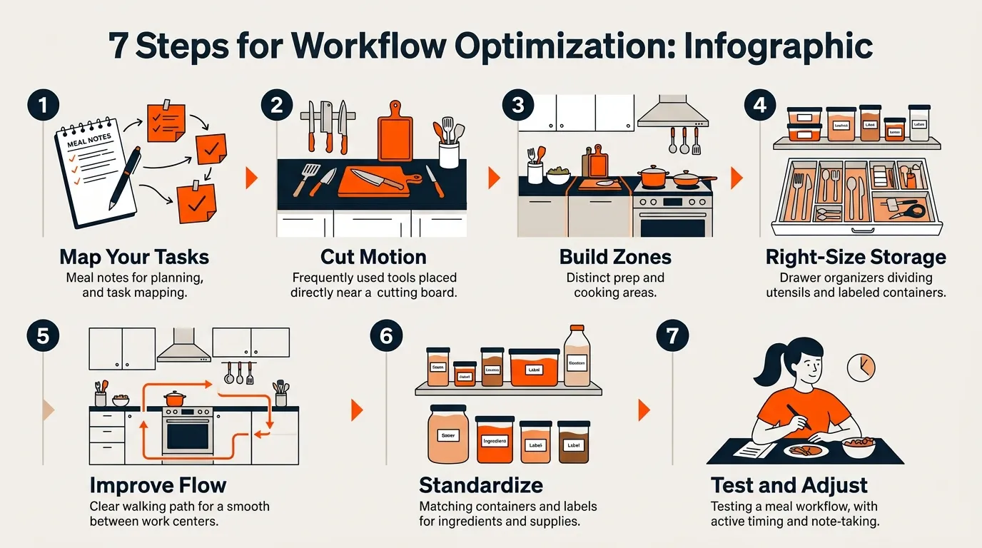 Kitchen workflow optimization process showing task mapping, tool placement, zones, storage, flow, standardization, and testing