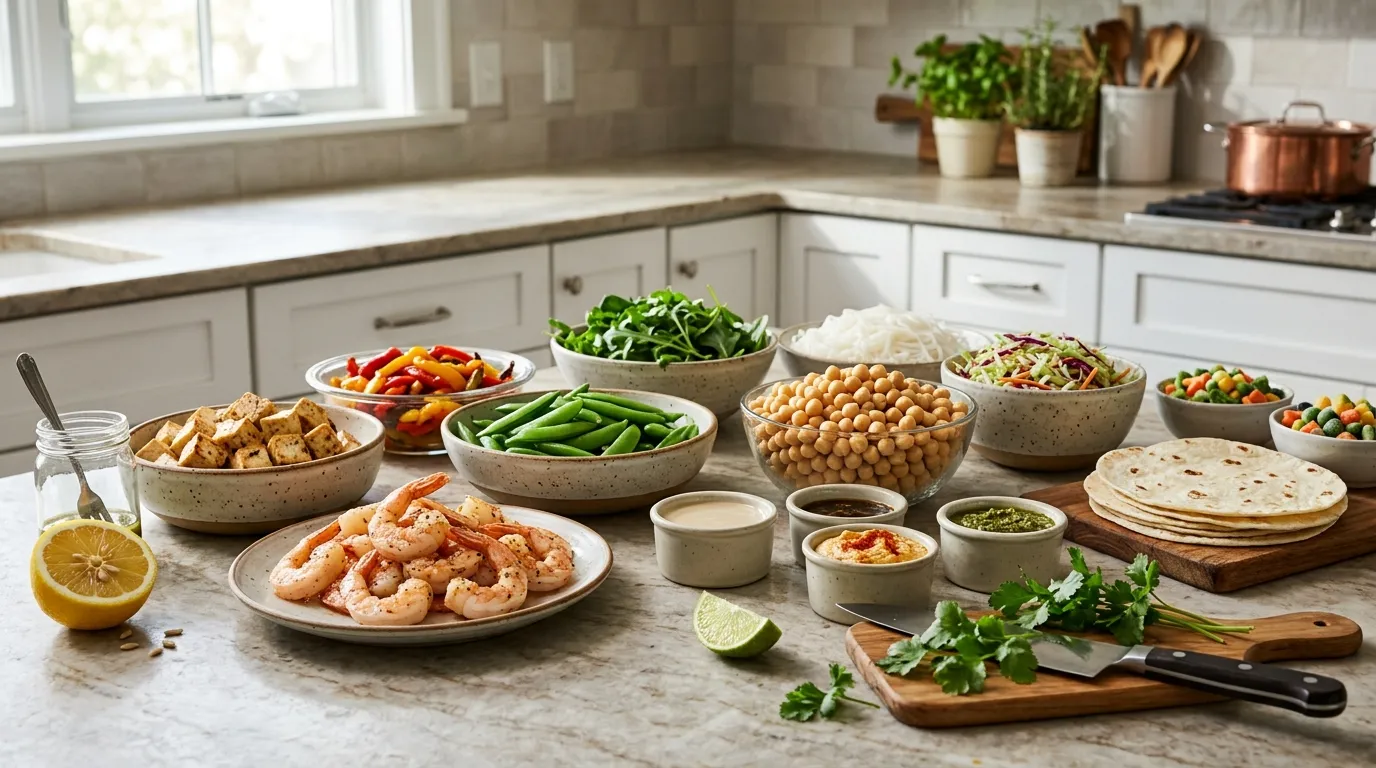 Quick meal components including protein, vegetables, sauce, grain, salad ingredients, and tortillas arranged for easy meal building