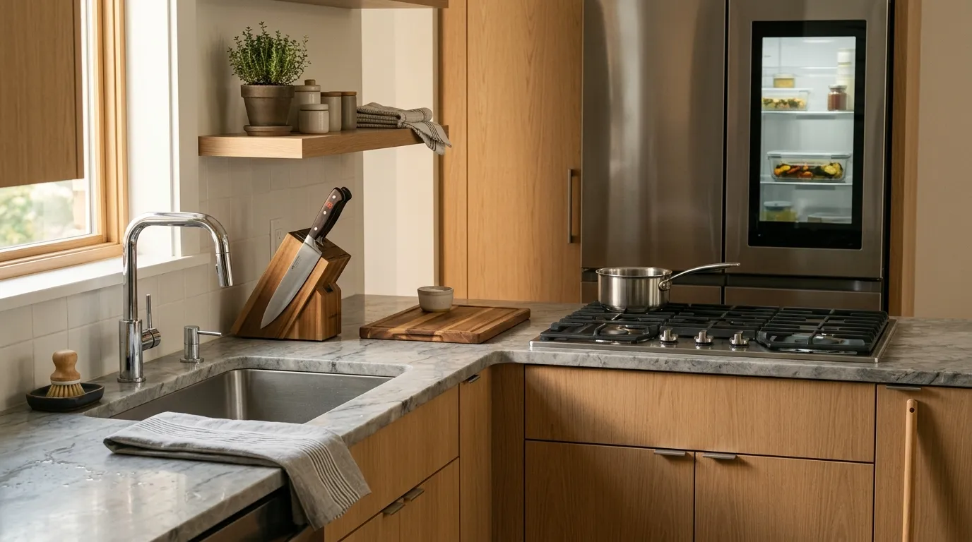 Clean minimalist kitchen being reset with clear counters, wiped surfaces, organized tools, and a tidy sink