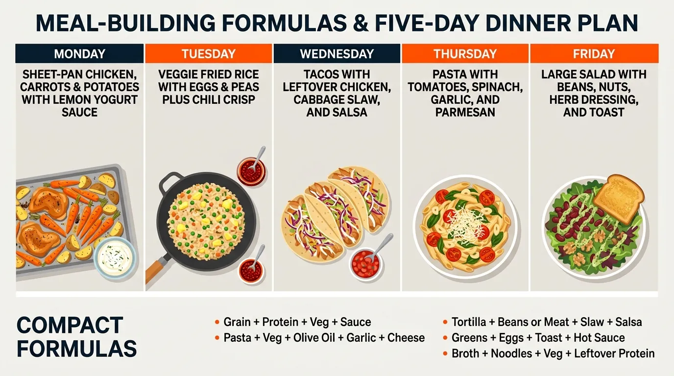 Five simple weeknight meal combinations built from grains, proteins, vegetables, sauces, pasta, tacos, and salad ingredients
