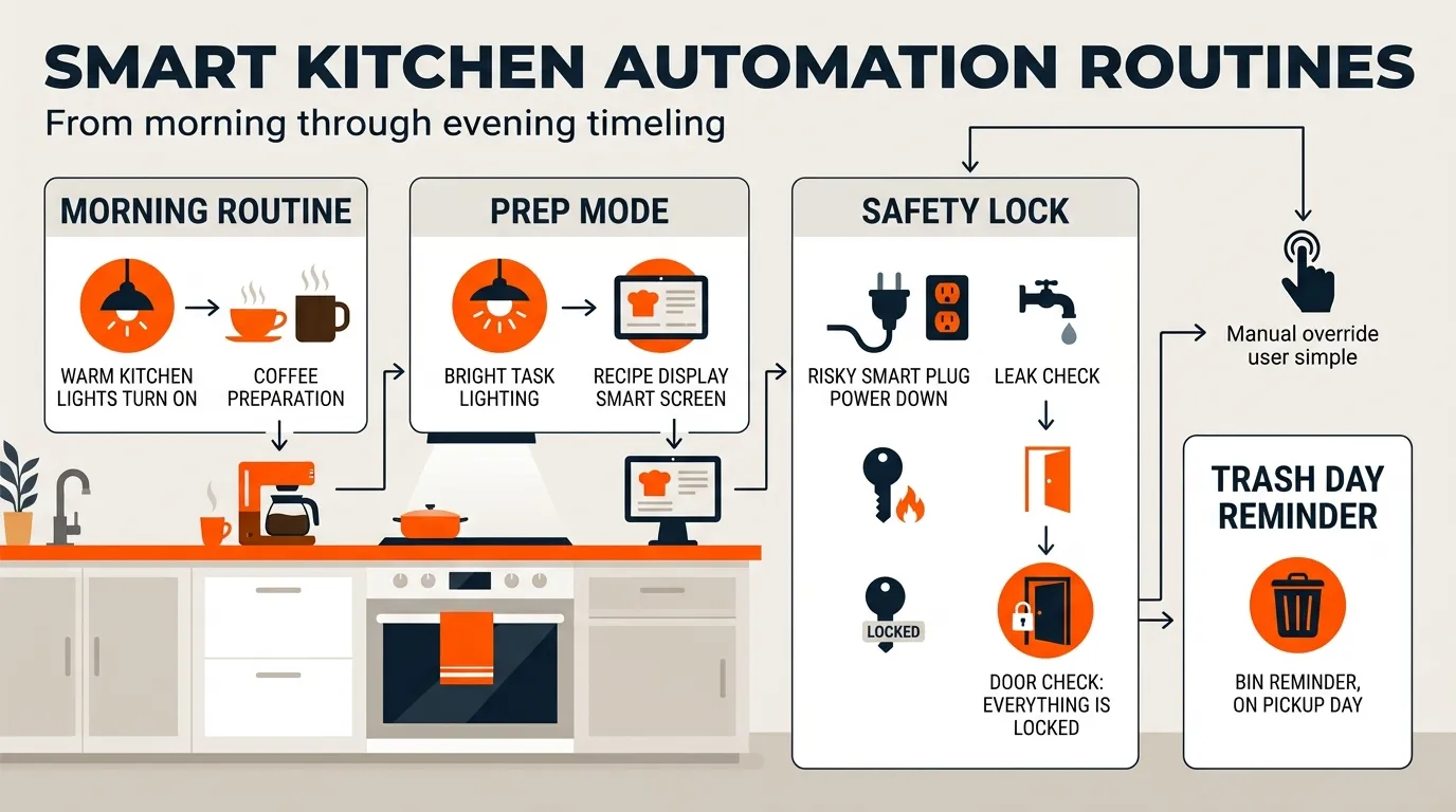 Smart kitchen running automated lighting, cooking, safety, and reminder routines through connected controls