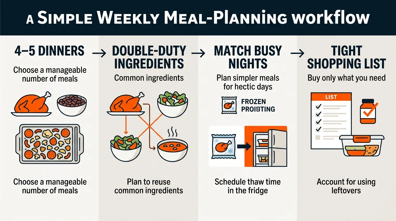 Weekly meal planning setup with dinner ingredients, shopping list, and batch-cooking components organized on a kitchen counter
