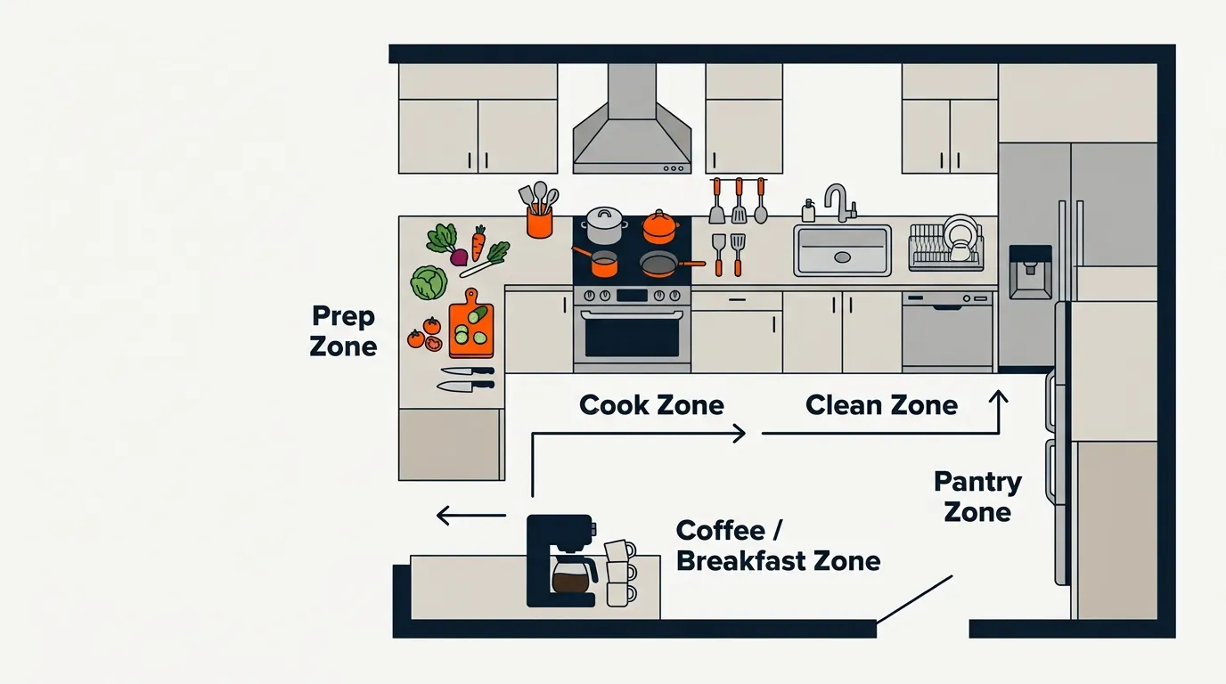 Compact kitchen arranged into prep, cooking, cleaning, coffee, and pantry zones for efficient workflow