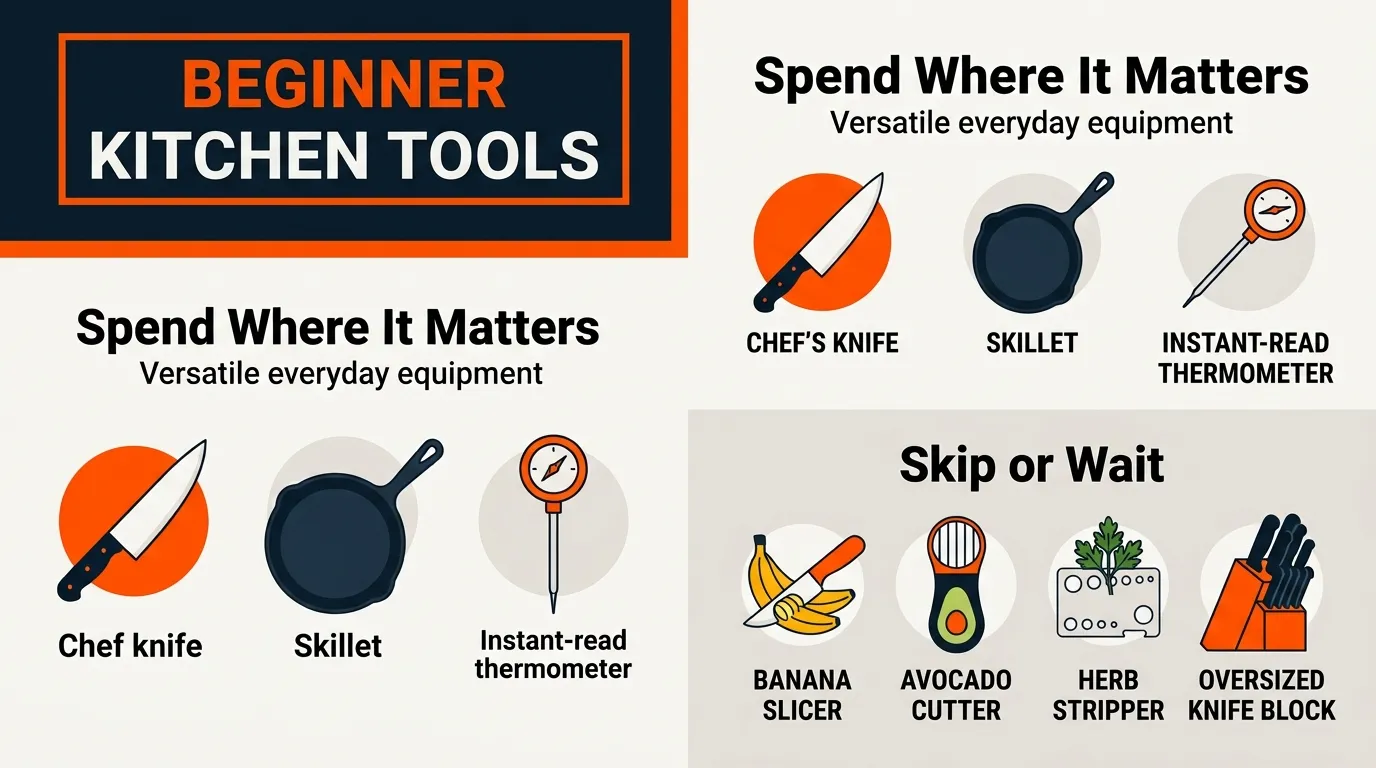 Practical kitchen essentials displayed separately from unnecessary single-use gadgets