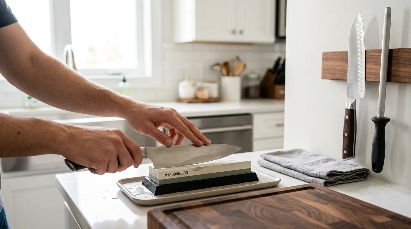 Three essential kitchen knives displayed individually to illustrate a practical alternative to buying a large knife set