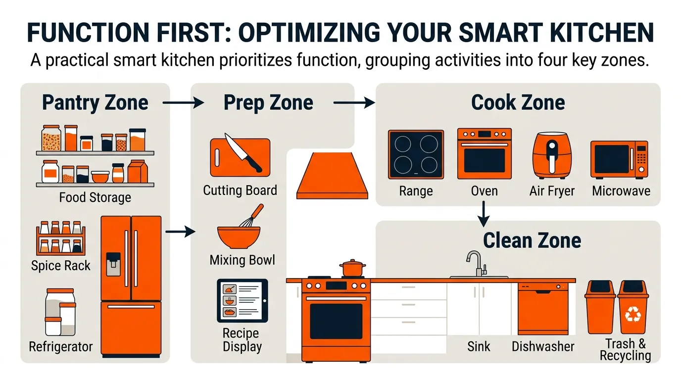 Smart kitchen layout divided into prep, cooking, cleaning, and pantry zones for efficient workflow