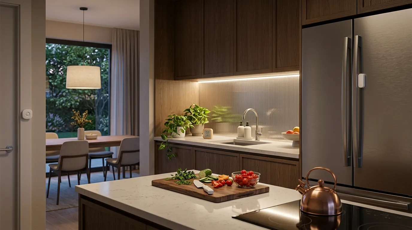 Smart kitchen with under-cabinet task lighting, motion sensor, refrigerator contact sensor, and air quality monitor