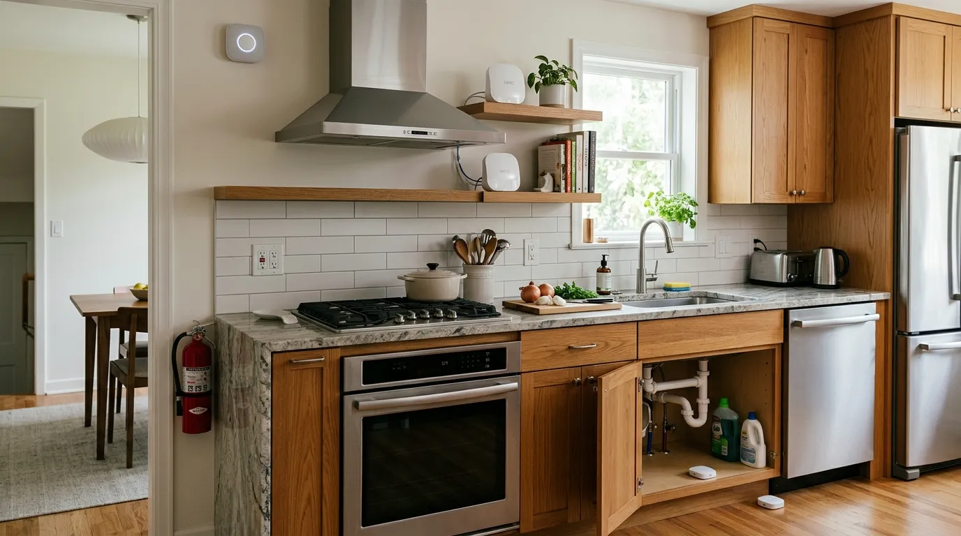 Smart kitchen showing safe placement of Wi-Fi equipment, leak sensors, smoke and CO alarm, and protected outlets
