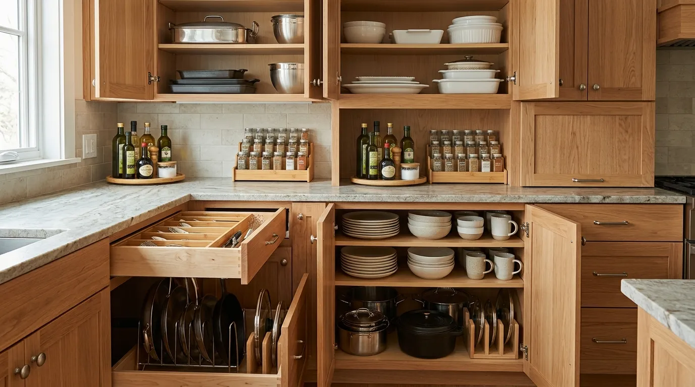 Organized kitchen cabinet with daily tools at accessible height and less-used items stored on higher shelves