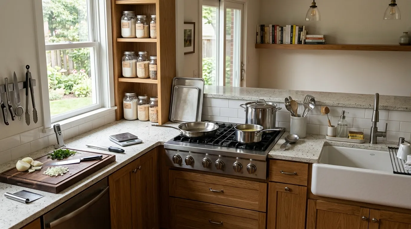 Modern kitchen organized into prep, cooking, and cleaning zones with essential tools within easy reach