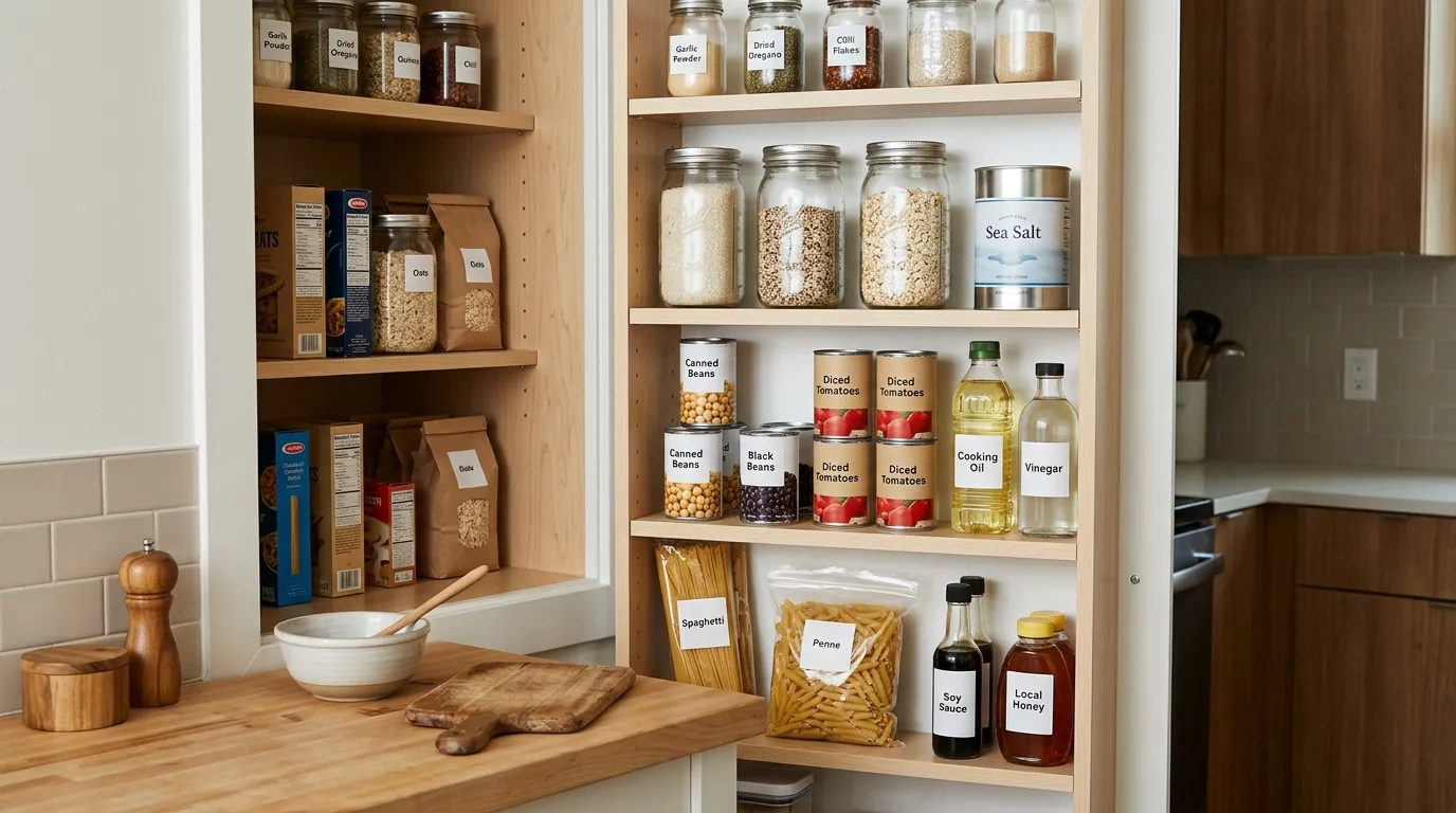 Rice, pasta, beans, canned tomatoes, oats, spices, oil, soy sauce, and vinegar organized in a compact kitchen pantry