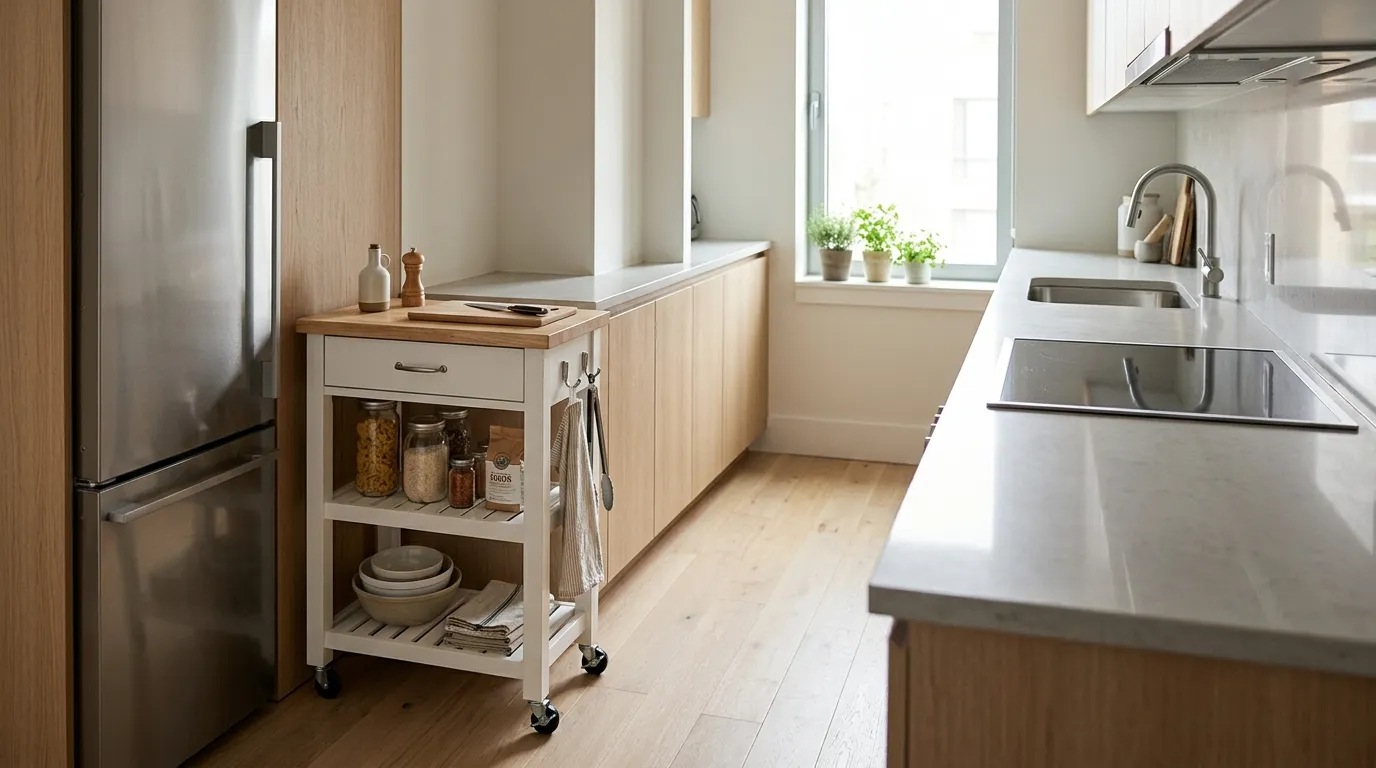 Slim rolling kitchen cart providing extra storage and prep space in a narrow apartment kitchen