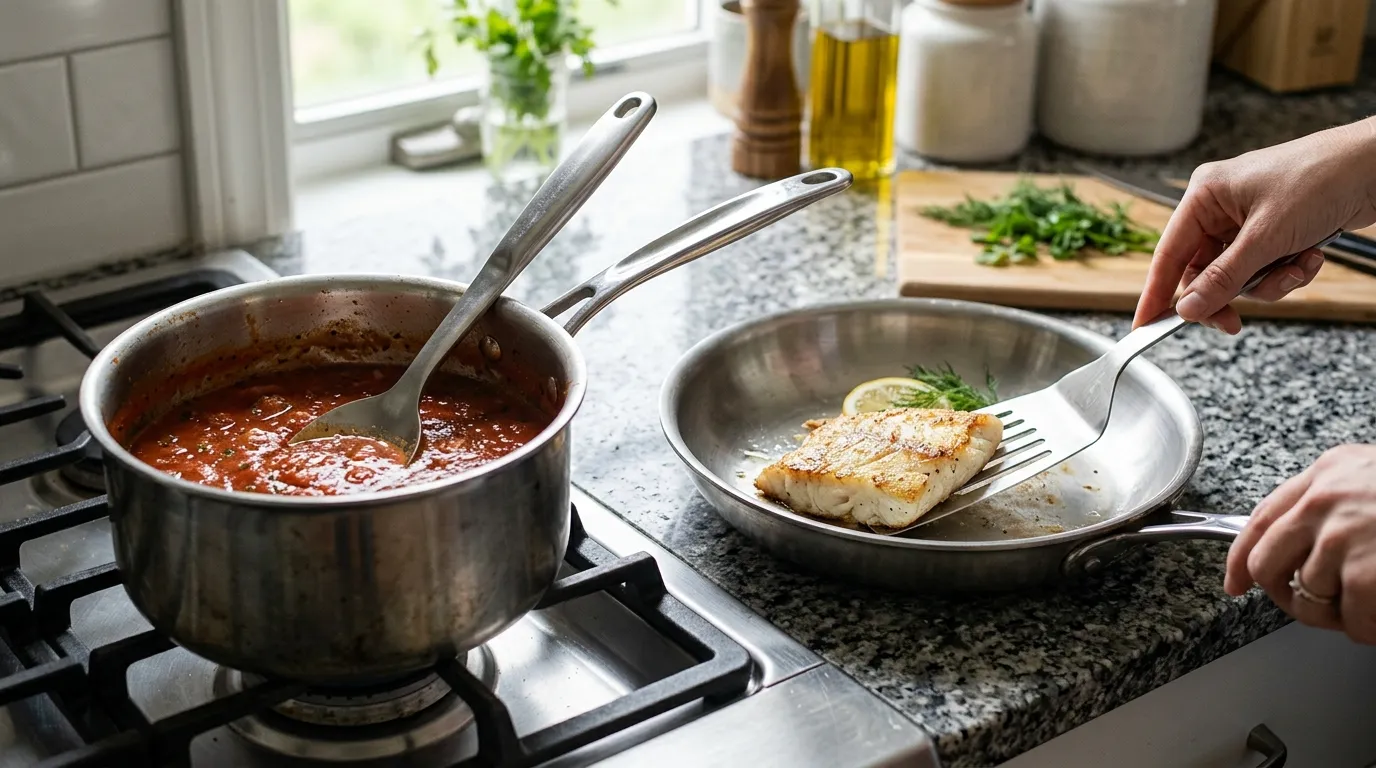 Stainless steel spoon and flexible fish spatula used with stainless steel cookware in a home kitchen