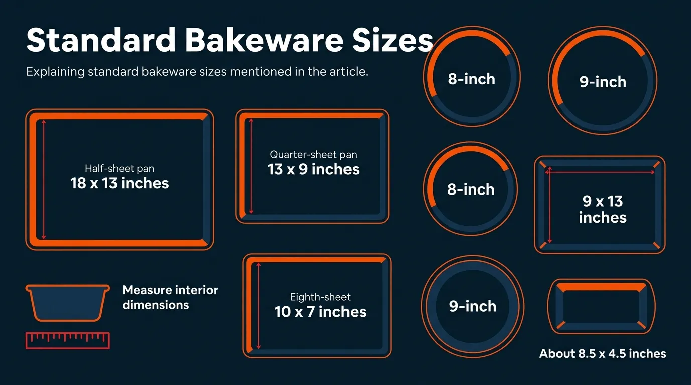 Standard half-sheet, quarter-sheet, cake, rectangular, pie, and loaf pan sizes arranged for easy baking comparison