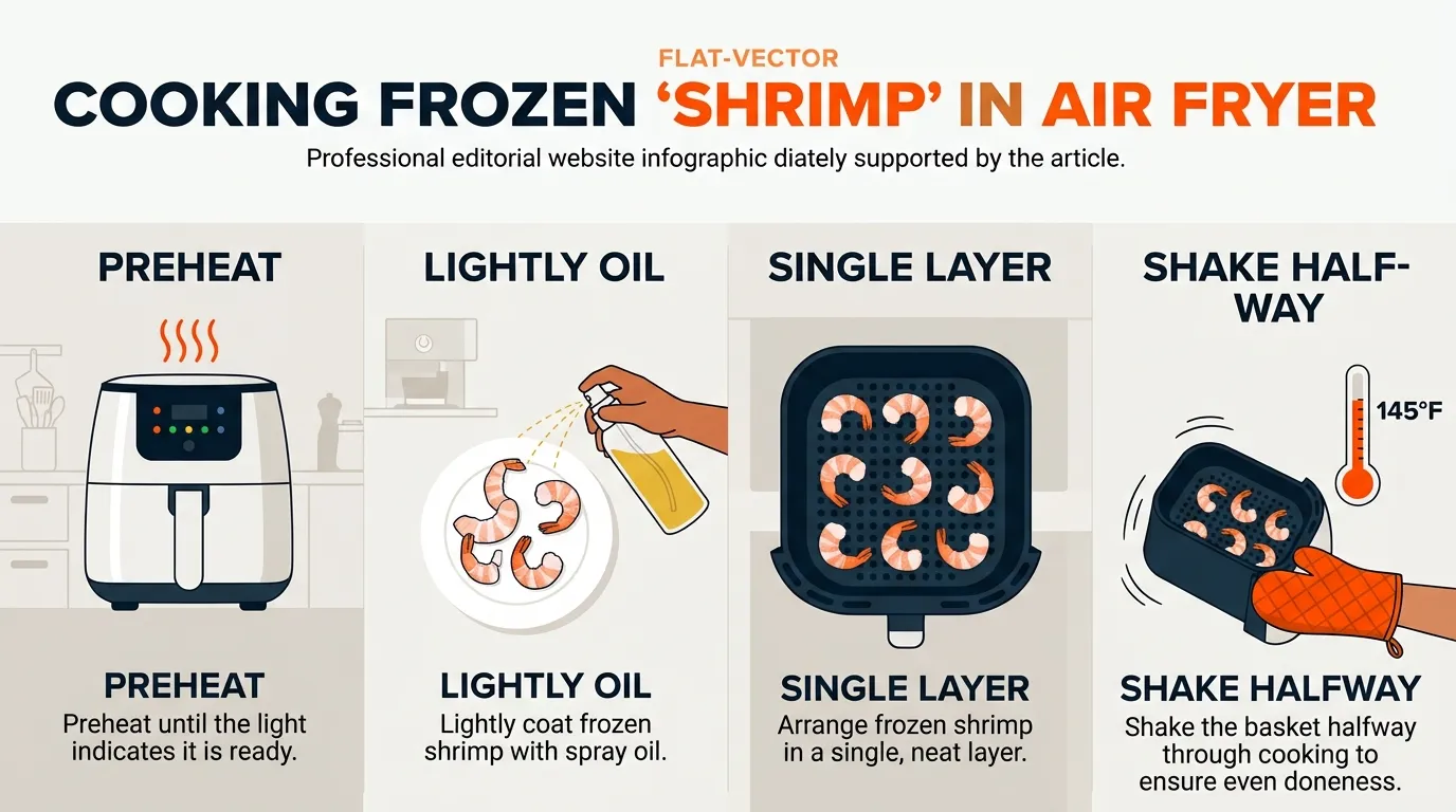Frozen shrimp prepared in a single layer in an air fryer basket before cooking
