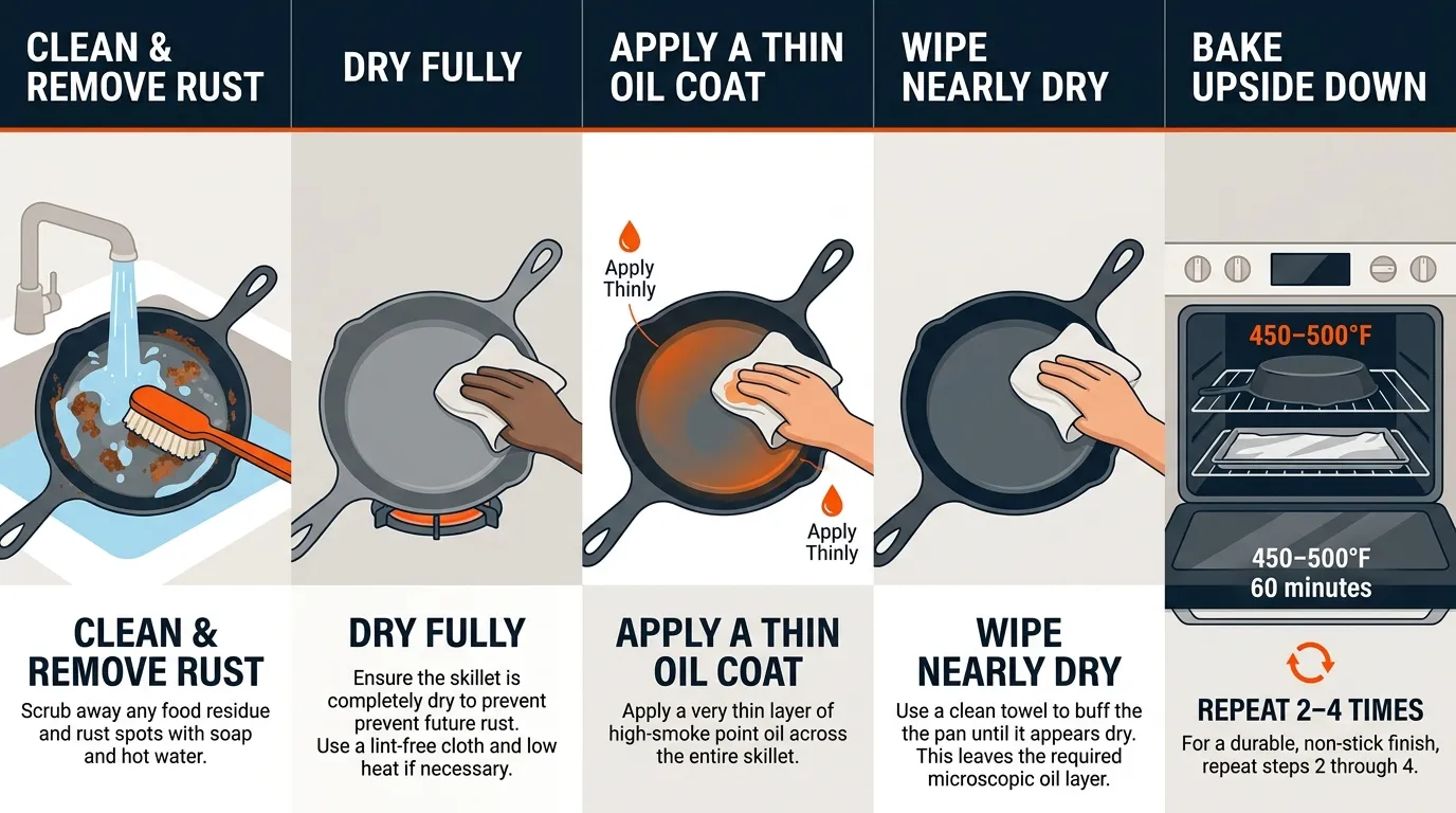 Cast iron seasoning process showing cleaning, drying, thin oil coating, wiping, and oven seasoning steps