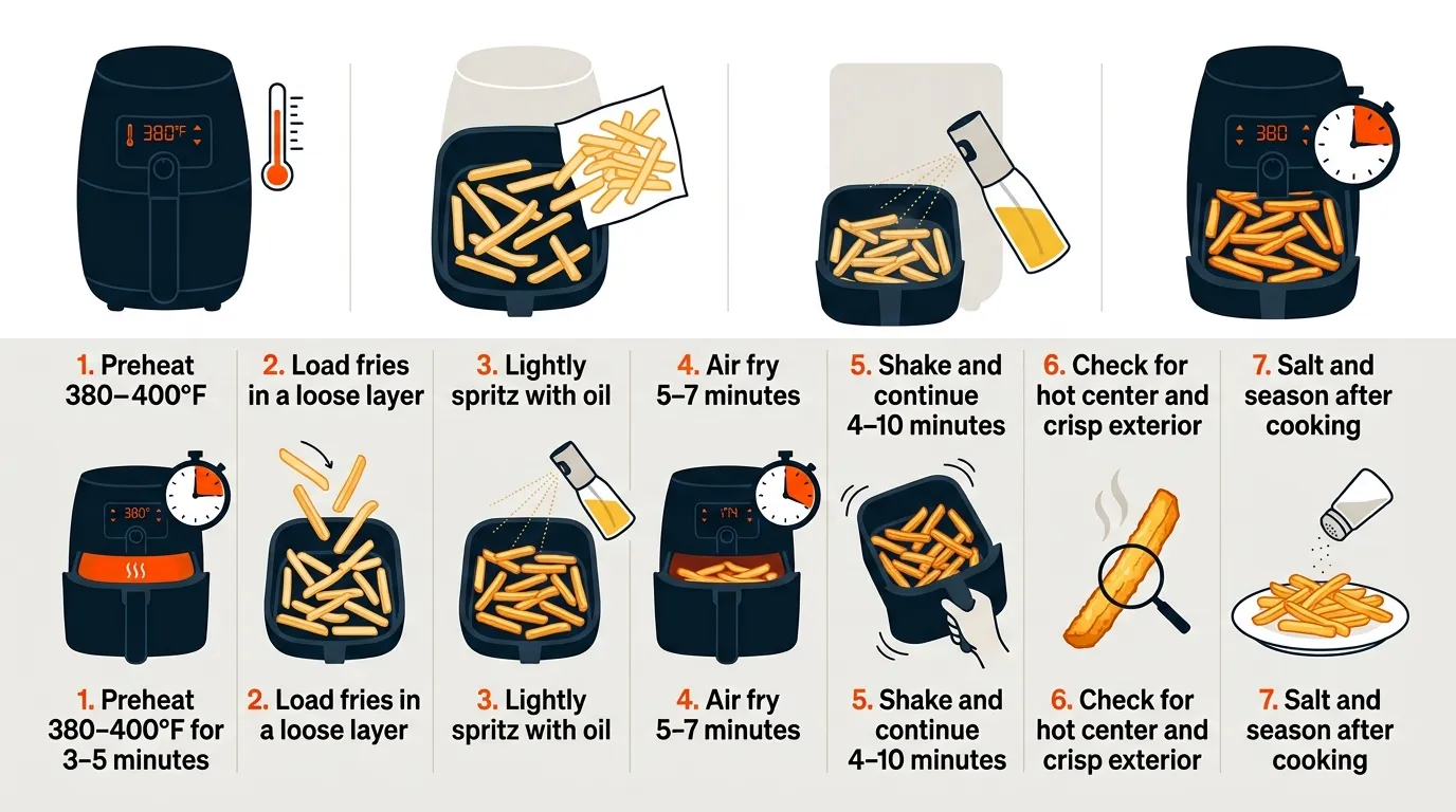 Frozen fries being preheated, loosely arranged, shaken, crisped, and seasoned in an air fryer