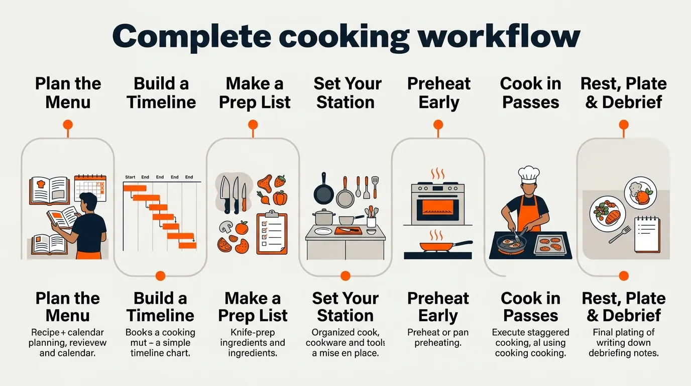 Organized cooking workflow showing menu planning, ingredient preparation, timed cooking, cleaning, plating, and review