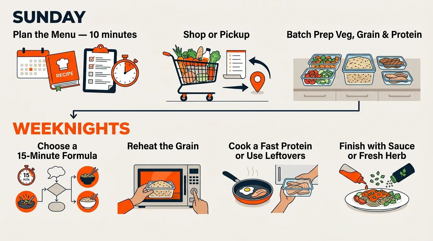 Organized weekly cooking workflow showing meal planning, batch prep, stored ingredients, and a quick weeknight meal