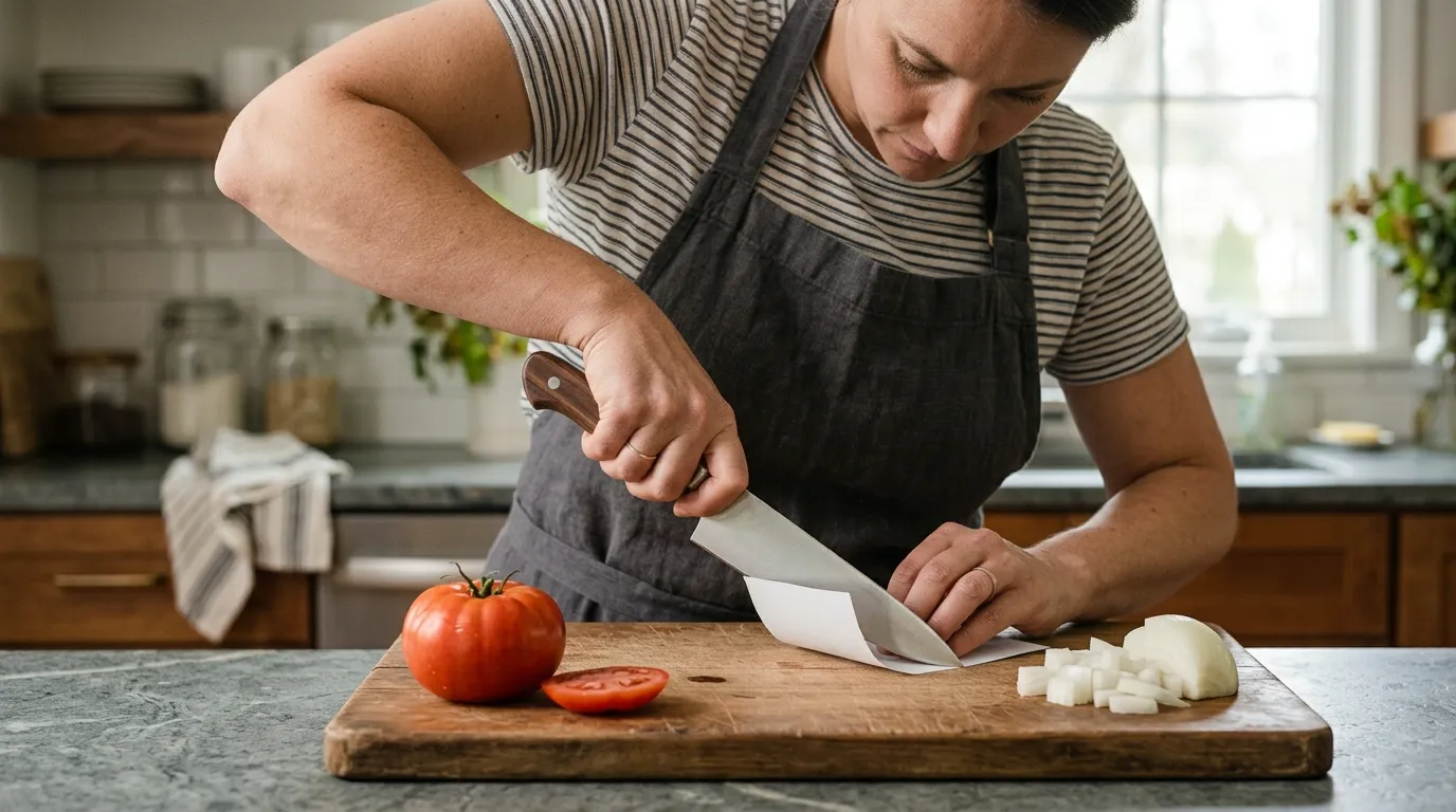 Cook testing a chef’s knife grip and sharpness with paper, tomato, and cutting board preparation