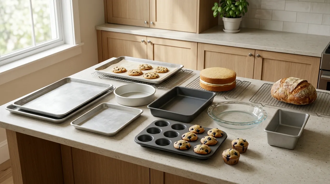 Essential home baking kit with half-sheet pans, cake pans, pie plate, loaf pan, muffin tin, and cooling racks
