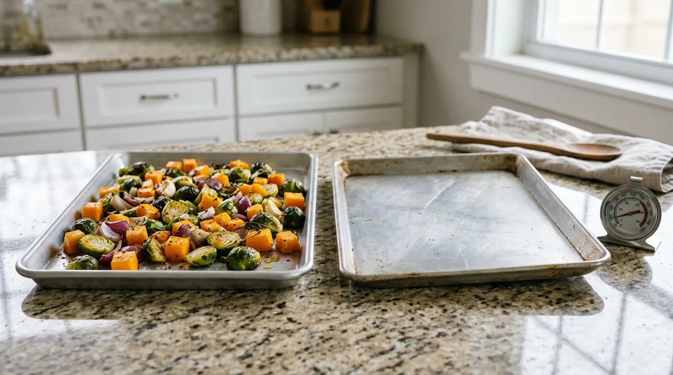 Thick reinforced half-sheet pan compared with a thin warped baking sheet on a kitchen counter