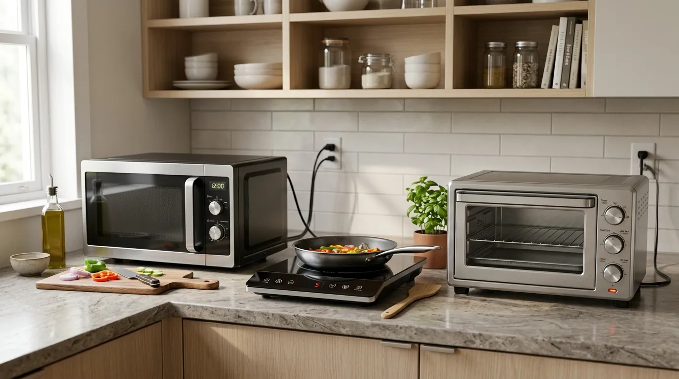Microwave, single-burner induction cooktop, and compact toaster oven arranged in a small kitchen