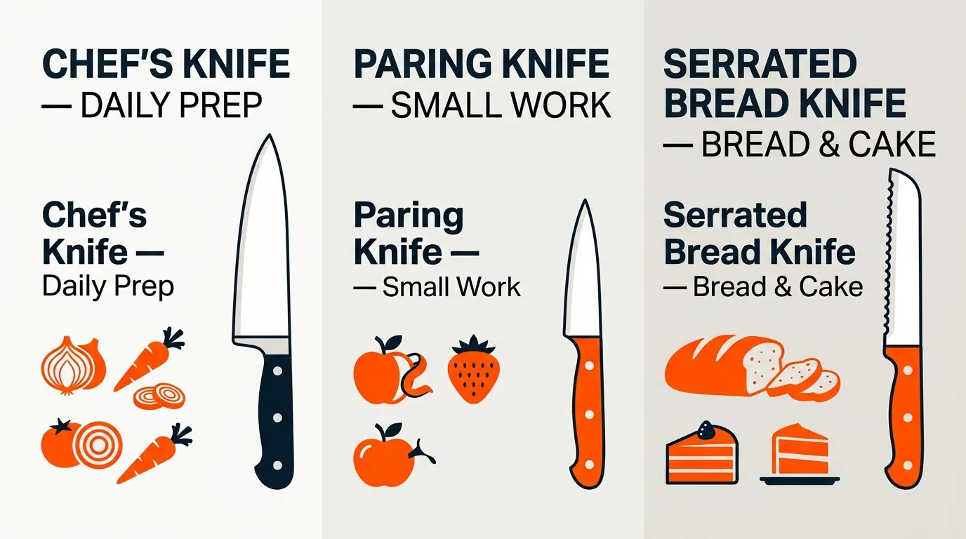 Editorial comparison of chef’s, paring, and serrated bread knives for common kitchen tasks