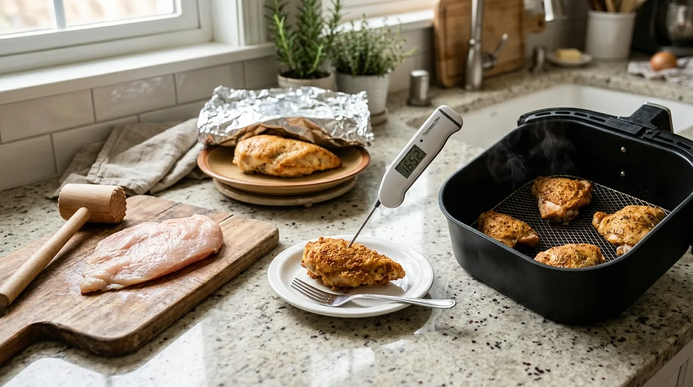 Evenly thick chicken breast being prepared for air frying with a thermometer and spaced basket arrangement