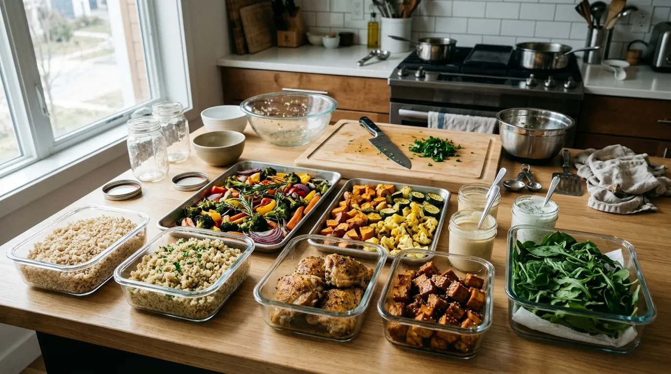 Weekend meal prep with cooked grains, roasted vegetables, prepared protein, sauces, and washed greens in organized containers