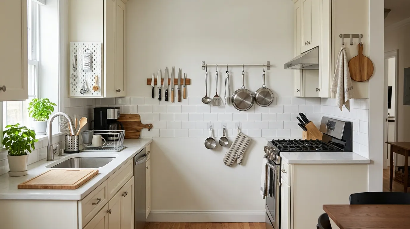 Apartment kitchen using wall rails, adhesive hooks, magnetic storage, and over-cabinet hooks for vertical organization