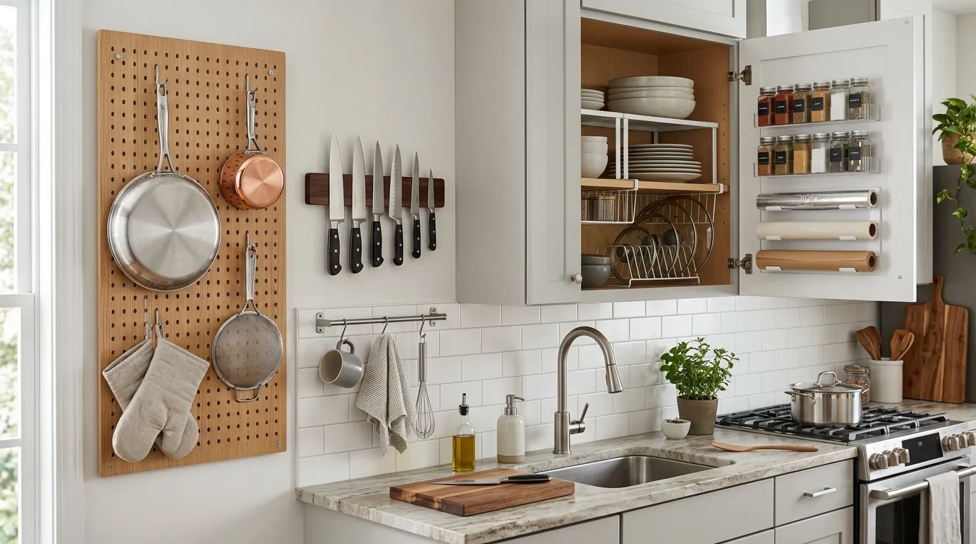 Small kitchen using magnetic storage, pegboard, cabinet door racks, shelf risers, and under-shelf baskets