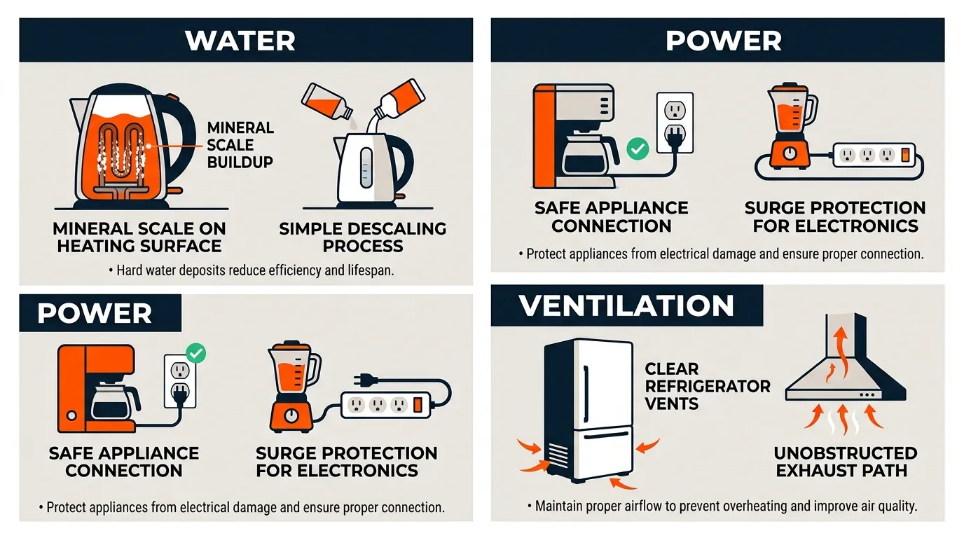 Kitchen appliance maintenance showing refrigerator airflow, mineral scale prevention, and safe electrical protection