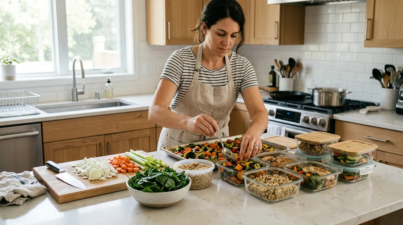 Batch meal preparation with chopped vegetables, cooked grains, roasted vegetables, prepared protein, and organized storage containers