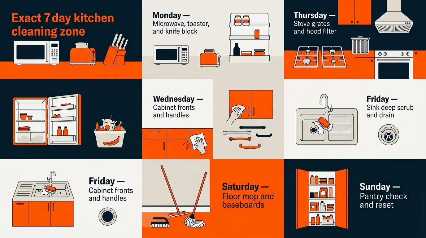 Editorial infographic organizing weekly kitchen cleaning tasks by day from Monday through Sunday