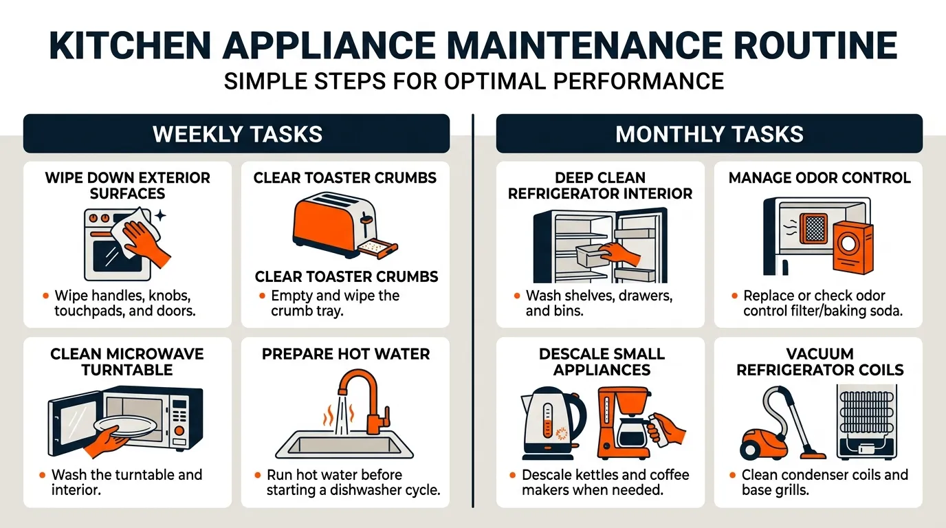 Kitchen appliance cleaning routine showing microfiber cloths, soft brushes, and regular care tasks for home appliances
