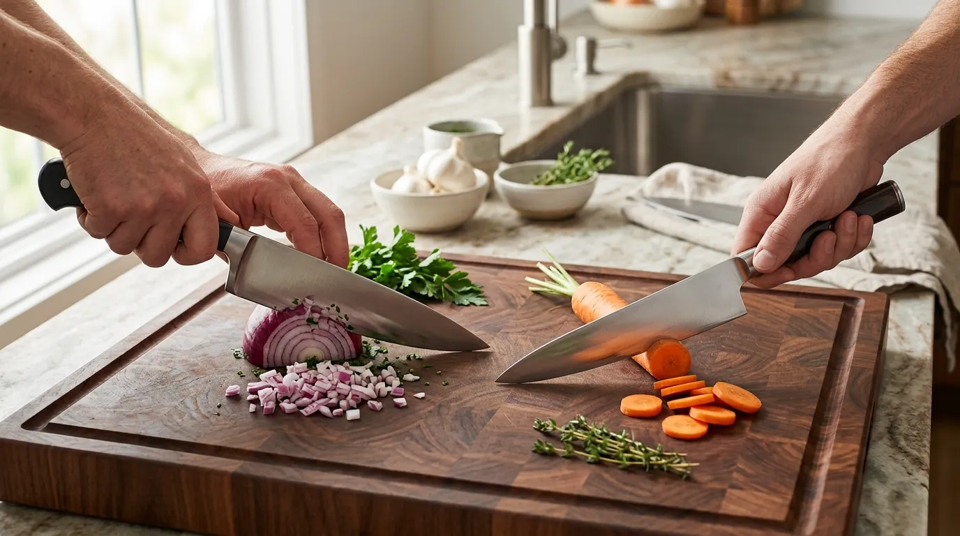Western and Japanese chef’s knives shown side by side with different blade profiles and cutting styles